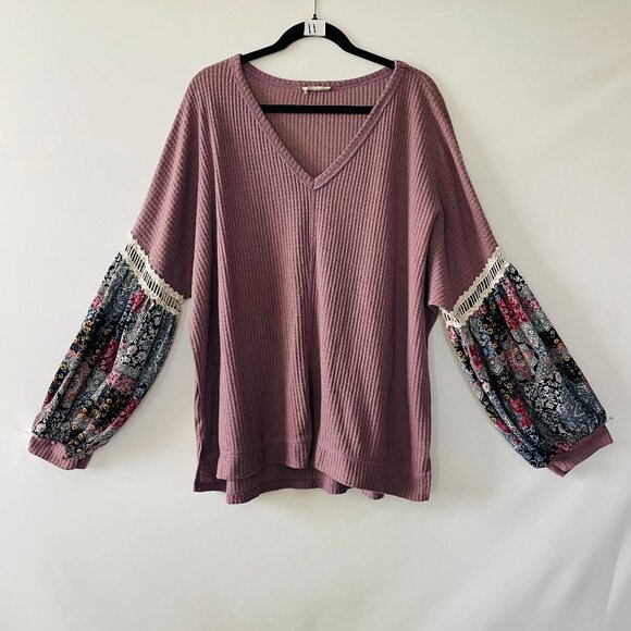 Hummingbird Womens Mauve Pink Balloon Sleeve Waffle Knit Boho Chic Top Size 1XL - Picture 1 of 7